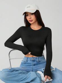 SHEIN PETITE 2 Packs Of Casual Simple Round Neck Long Sleeves Tight Cropped Women's T-Shirts - Multicolor - View 5