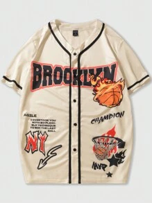 ROMWE MEN Prep 男士籃球&口號圖案對比邊緣襯衫 - 彩色 - 查看 1