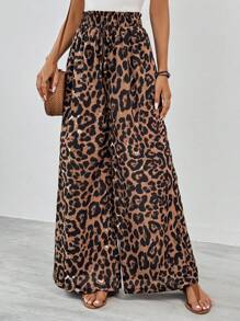 SHEIN Tall Pantalones súper anchos con estampado de leopardo de cintura alta para mujer con estilo - Multicolor - Ver 4