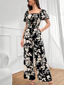 Mulvari Women's Random Printed Square Neck Puff Sleeve Jumpsuit