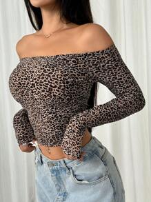 SHEIN EZwear 女士豹紋無肩頸長袖T恤，春夏季 - 卡其色 - 查看 6