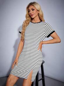 SHEIN Tall Women's Knitted Black And White Striped Mini Dress - Black and White - View 3