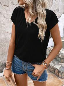 Breezaya Solid V Neck Batwing Sleeve Tee - Black - View 5