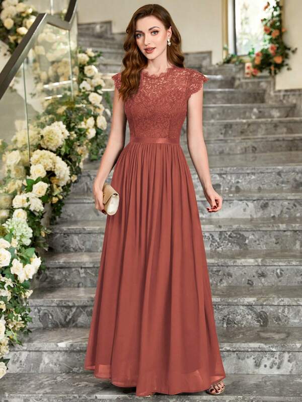 MIUSOL Floral Lace Bodice Cap Sleeve Chiffon Ribbon Waist Formal Party Dress