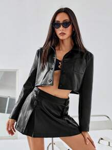 Aveloria Affinna Sexy Ladies' PU Short Jacket & High-Waisted Bodycon Skirt Set Fall Cloth For Women - Black - View 4