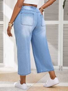 Firerie Pantalones vaqueros rectos de tiro alto y pierna ancha de talla grande en azul, aptos para uso casual y vacaciones