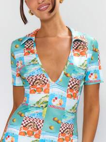 MUSERA Printed Collared Mini Dress Fitted, Summer, Holiday Outfit - Multicolor - View 3
