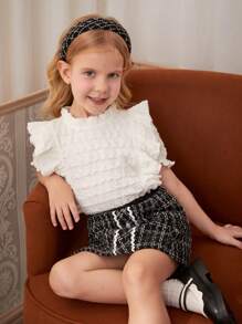 SHEIN 2pcs/Set Little Girls Elegant Commute Casual Ruffle Collar Puff Sleeve T-Shirt And Boucle A-Line Skirt Outfit, Back To School