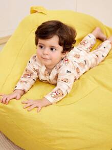 Baby/Toddler Boys' Casual 2pcs Set - Brown Plaid Heart & Letter Bear Print Long Pants, Long Sleeve Cardigan, Loungewear - Multicolor - View 3