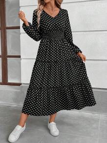 SHEIN LUNE Vestido de vuelo con estampado de lunares blanco y negro de manga larga, cintura extra larga y a la moda para el otoño - Blanco y Negro - Ver 5