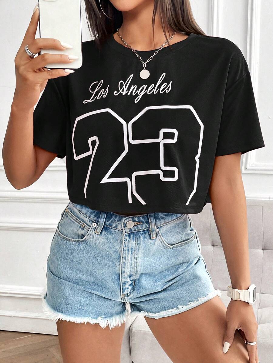 SHEIN EZwear 黑色網布印花女士T恤 - 黑色 - 查看 1