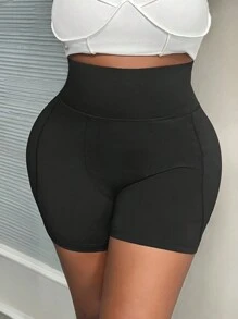 Plus Size Summer And Autumn Slim Fit High Waist Solid Color Cycling Shorts-G - Black - View 3