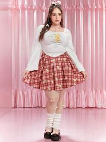 CARDCAPTOR SAKURA | SHEIN Plus Size Autumn Cute Casual Sweet School Style Red Plaid Cartoon Print Pleated Loose A-Line Skirt