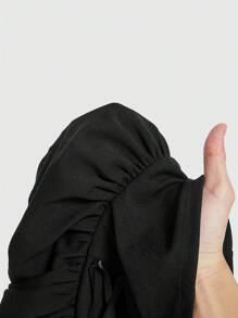 SHEIN MOD Camiseta de manga larga de corte semitransparente con pliegues en el pecho y mangas acampanadas en talla grande para mujer, con costuras negras