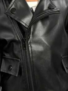 SHEIN Explorewe 2 buc/Set fete fete tinere stradă, negru, motocicletă, jachetă din piele PU, haină și ținută cu pantaloni denim rupti albastru deschis, potrivite pentru toamna/iarna - Negru - Vizualizare 4