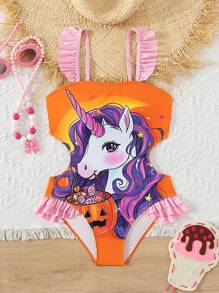 Tween Girl's Cartoon Printed One-Piece Swimsuit With Spaghetti Straps, Ruffle Detailing And Open Back - Multicolor - View 1