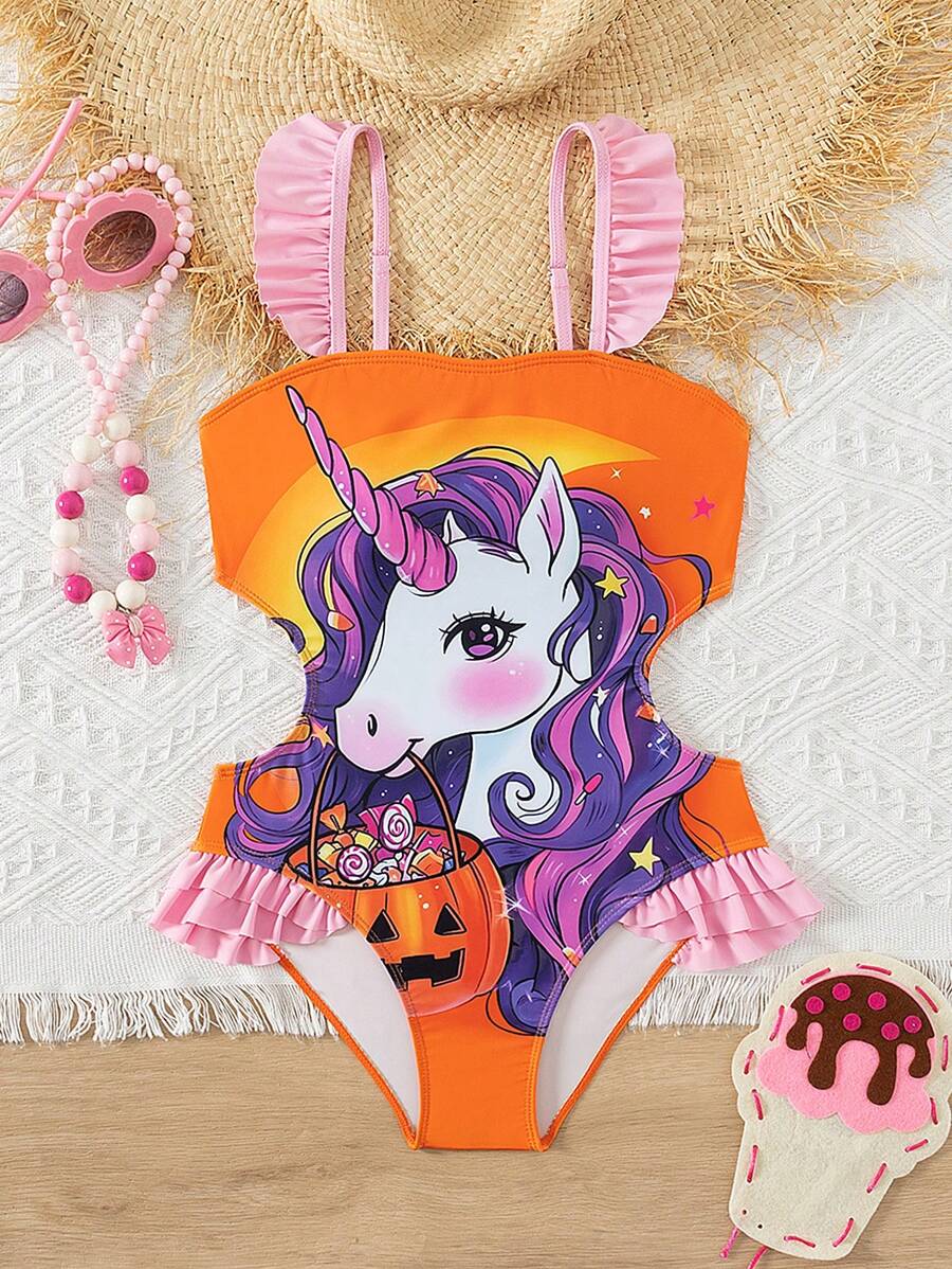 Tween Girl's Cartoon Printed One-Piece Swimsuit With Spaghetti Straps, Ruffle Detailing And Open Back - Multicolor - View 1