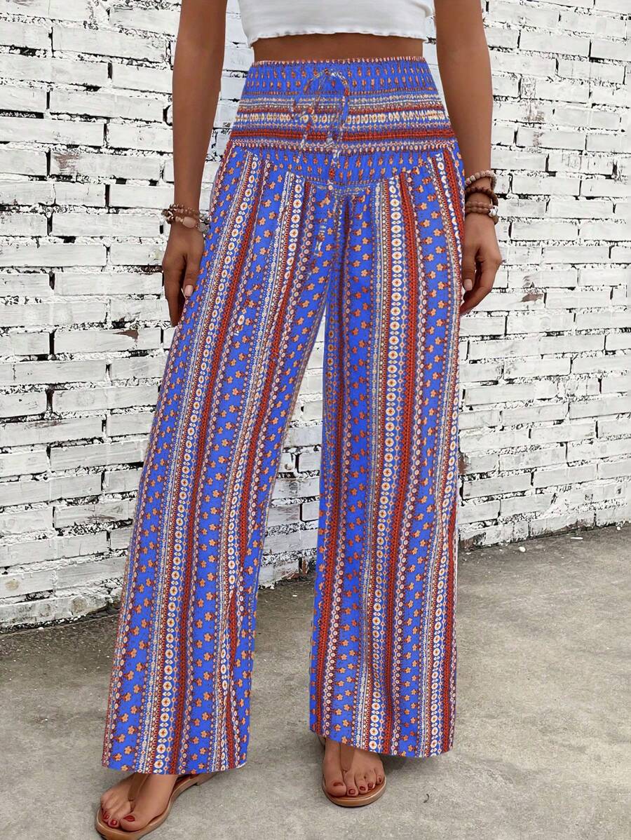 Breezaya 女款復古印花休閒長褲適合日常穿著 - 藍色 - 查看 1