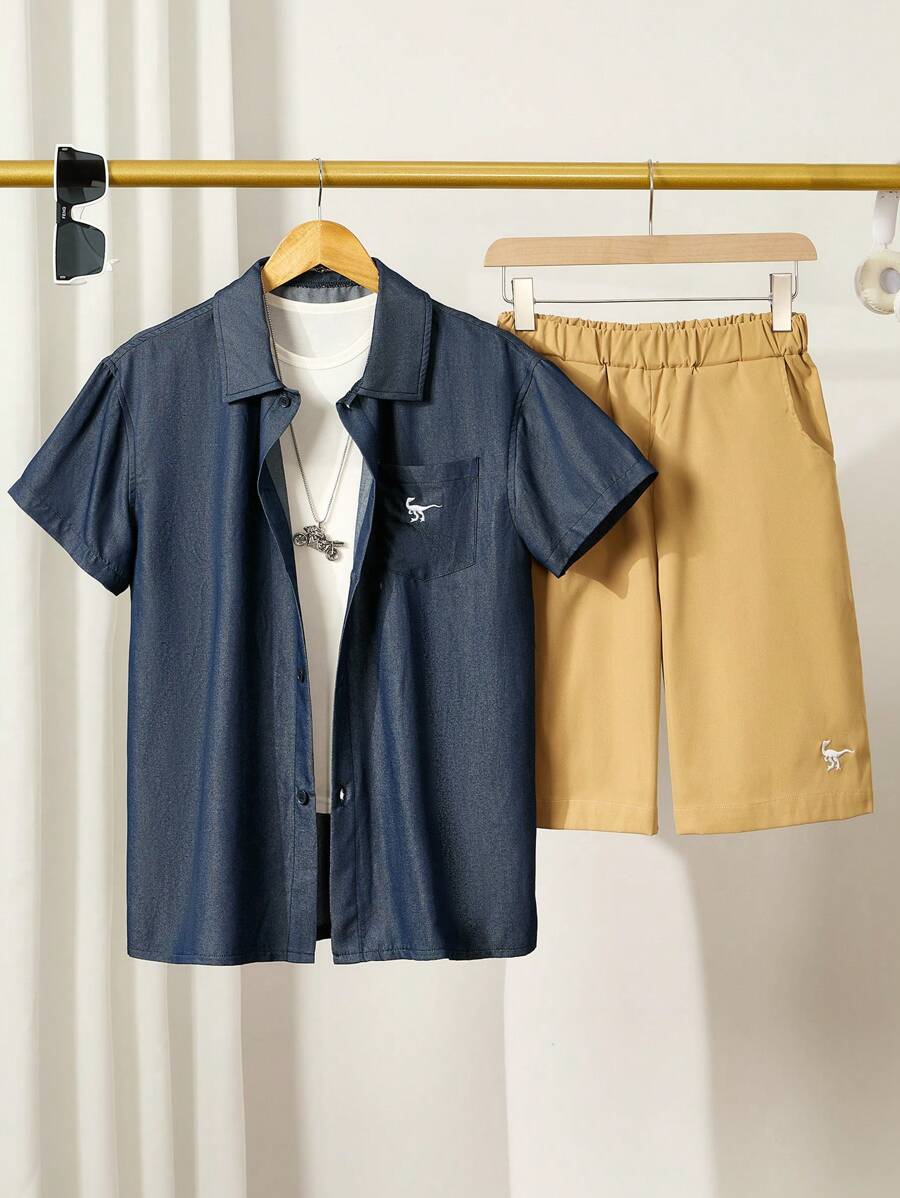 青少年男孩短袖襯衫和短褲套裝，夏季休閒 - 彩色 - 查看 1