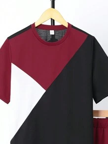 SHEIN Ensemble De T-shirt Décontracté Pour Adolescent Avec Blocs De Couleurs Et Shorts De Poche Avec Cordon De Serrage De Couleur Unie - Multicolore - Voir 4