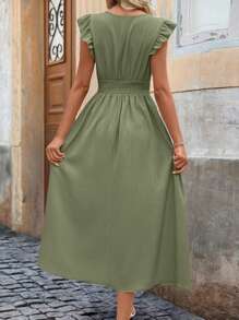 SHEIN Clasi Ruffle Trim Ruched Waist Midi Dress For Summer Maxi Women Outfit - Green - View 2