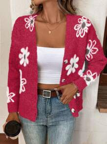 Chiquease Áo Cardigan hở vai họa tiết hoa dùng hàng ngày cho trang phục năm mới - Đỏ - Xem 4