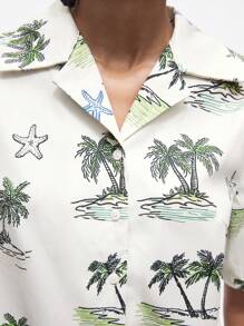 Maija 女式短袖鈕領熱帶植物印花荷葉邊迷你連衣裙