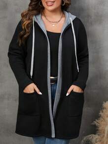 SHEIN CURVE+ Plus Size Women's  Dual  Winter Women Clothes Pocket Drawstring Hooded Coat Fall Autumn - Multicolor - View 6