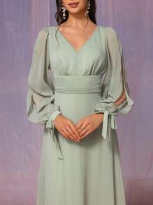 SHEIN Belle Elegante vestido verde salvia para mujer con tela fruncida de gasa, escote en V, pliegues en el pecho y la cintura, mangas largas con abertura transparente, lazo en la cintura y dobladillo en forma de A. Adecuado para bodas, festivales de música, eventos de regreso a la escuela y como vestidos de dama de honor. Tamaño estándar. - Verde - Ver 7