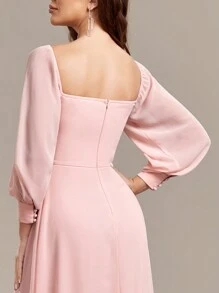 女士露肩高开衩雪纺A字伴娘礼服，适合婚礼场合 - 淺粉色 - 查看 9