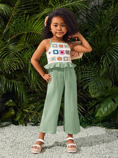SHEIN Young Girl Woven Color Block Crochet Tape Sleeveless Loose Casual Jumpsuit