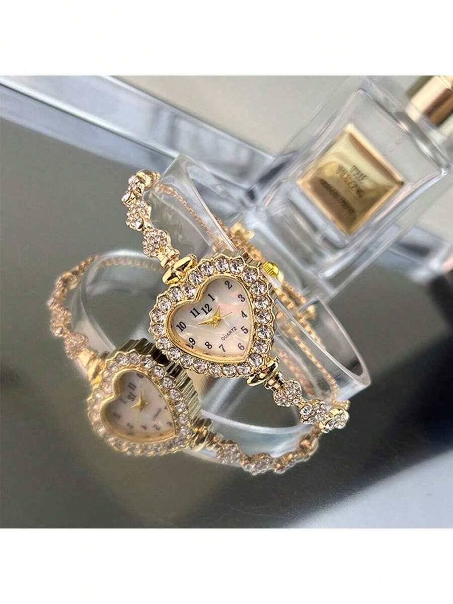 1 件女士金色合金手链，配有心形表壳，表盘上有阿拉伯数字，精致石英表配有可调节抽绳表带，方便佩戴，适合日常装饰节日作为返校学生的礼物