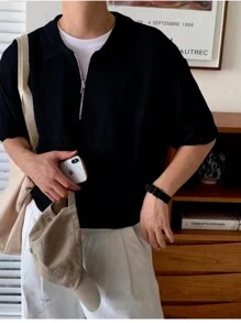 Claim Dot Men Solid Zipper Rib-Knit Drop Shoulder Knit Top - Black - View 3