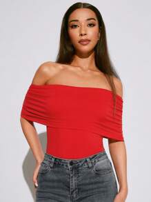 SHEIN SXY Autumn Women's Red Clothing Tight-Fitting Off Shoulder Top - Red - View 4