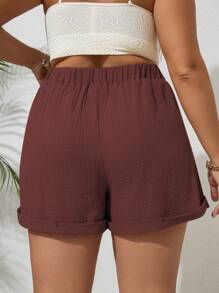 Dreamara Plus Knot Waist Roll Up Hem Shorts Spring Break Short Shorts - Red - View 2