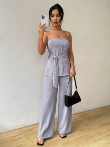 SHEIN Clasi Bộ áo ống màu trơn cài nút thắt lưng và quần ống đứng cho mùa hè/mùa thu - Xám - Xem 3