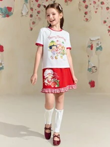 Strawberry Shortcake X SHEIN Tween Girl Cartoon Strawberry Character Printed Contrast Red Plaid A-Line Skirt - Red - View 9