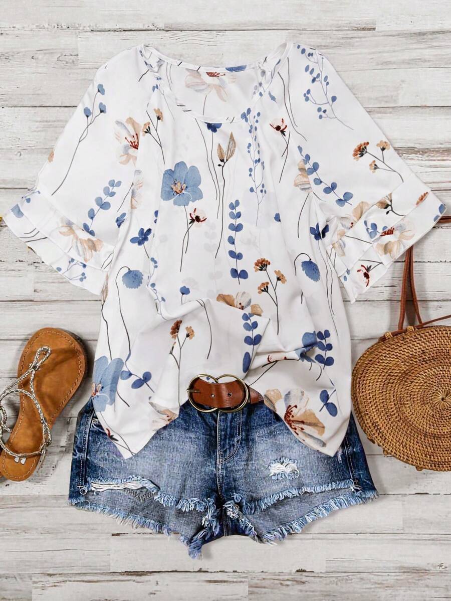 Breezaya Ditsy Floral Flounce Sleeve Blouse - White - View 1