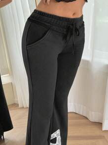 SHEIN ICON Low Rise Lace Butterfly Embroidery Long Pants - Grey - View 6