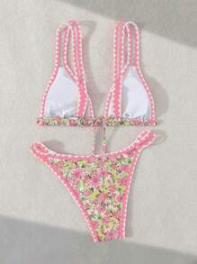 Swim Mod Set Bikini Wanita Musim Panas Motif Bunga dengan Tali untuk Liburan di Pantai - MultiWarna - View 2