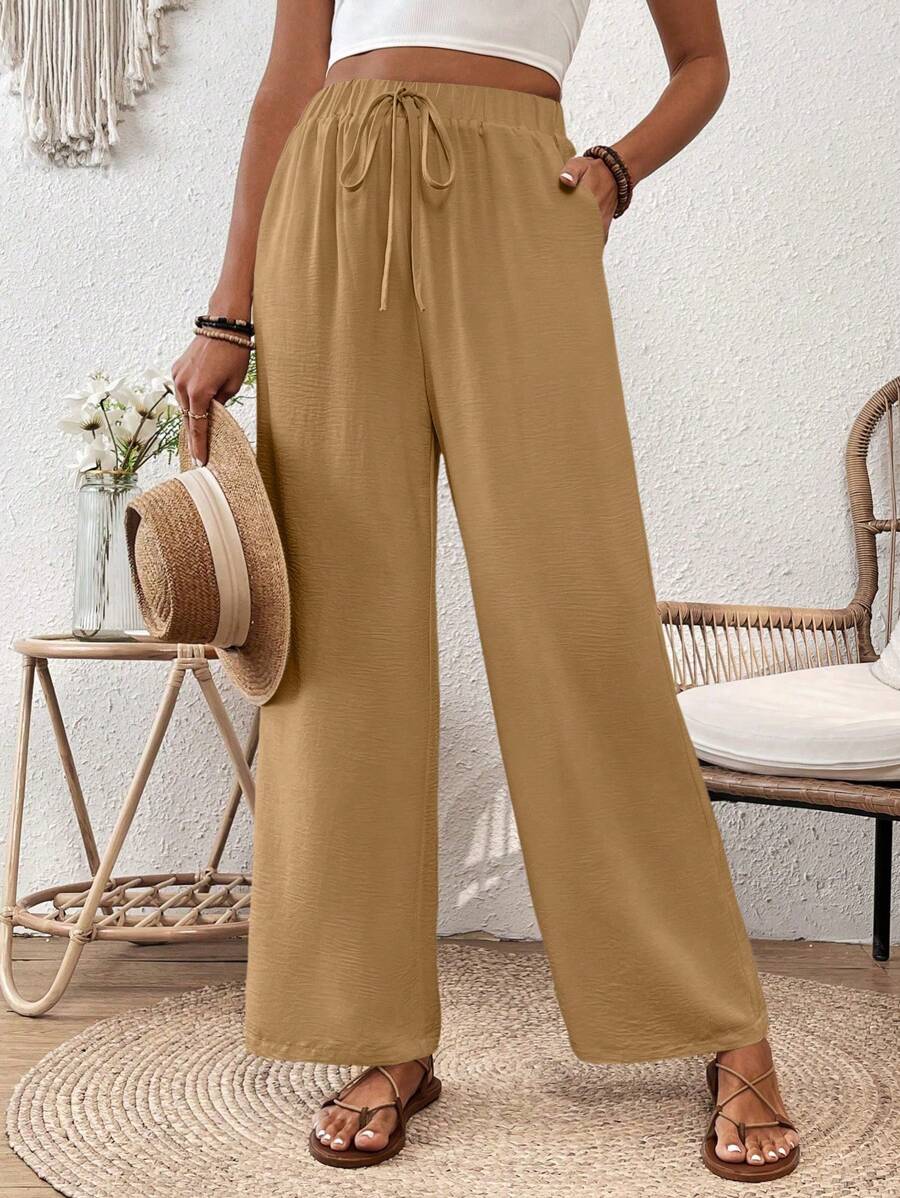 Chiquease Pantalones largos de primavera/verano con textura tipo crepé, pierna recta suelta y cordón elástico - Caqui - Ver 1