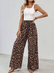 SHEIN Tall Pantalones súper anchos con estampado de leopardo de cintura alta para mujer con estilo - Multicolor - Ver 6