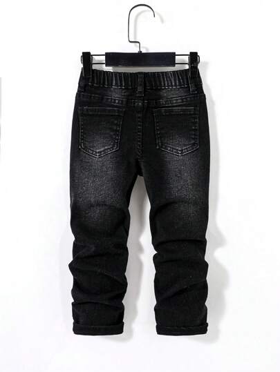 SHEIN Young Boy Black Comfortable And Refreshing Dark Wash Cut Out Ripped Frayed Design Elasticity Denim Skinny Pants For Dailywear And Back To School Clothes