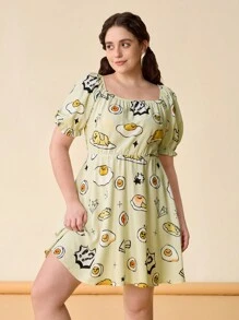 Gudetama X SHEIN Niedliches Cartoon-Ei-Muster Puff-Ärmel Sommerkleid in Große Größen