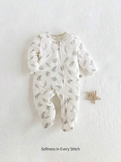 Cozy Pixies 新生兒男女通用色彩對比杏色編織連腳爬服，帶植物和花卉圖案，柔軟舒適、透氣，有拉鍊和圓領，適用於全年輕鬆休閒居家穿著。