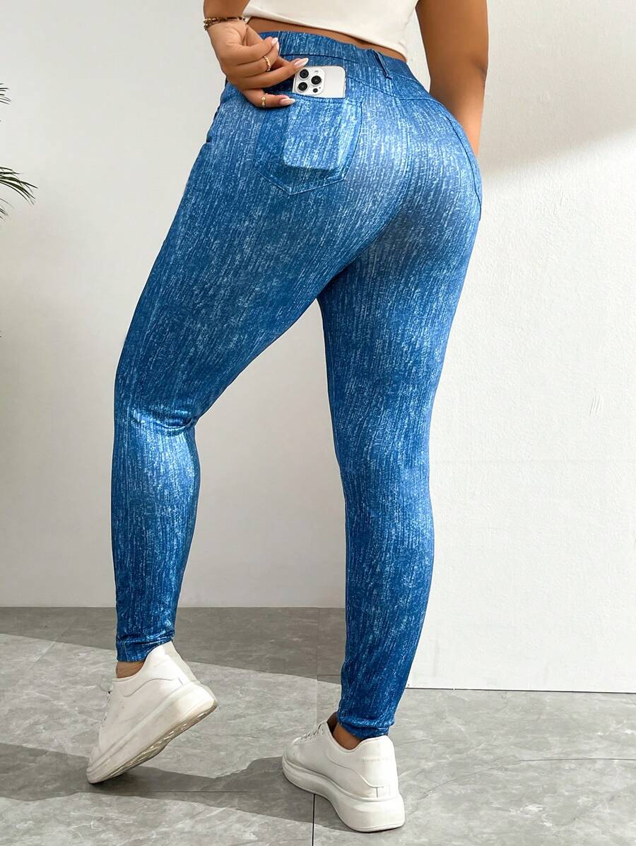 SHEIN Essnce 大碼高腰收腹口袋緊身褲 - 藍色 - 查看 1