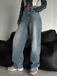 DAZY 斜口袋寬腳牛仔褲 - 中等水洗藍 - 查看 3