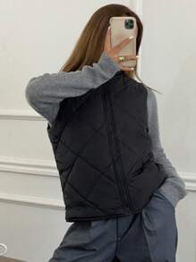 DAZY 冬季撞色饰边纽扣前部加厚外套，冬季女装，加厚外套女式夹克背心 - 黑色 - 查看 9