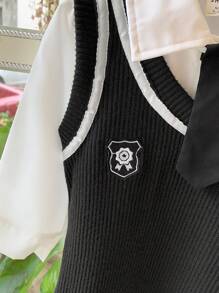 2pcs/Set Baby Girls' Spring/Autumn Outfits - White Minimalist Long Sleeve Shirt For Layering And Knitted Tank Dress To Show Your Figure, College-Style, British Fashion, Korean-Style
