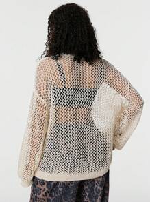 SHEIN EZwear Tween Girls Fall Back To School Lễ hội âm nhạc thoải mái Lưới thoáng khí Áo len cổ tròn màu be - Màu be - Xem 7